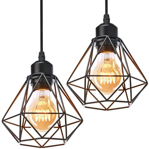 TOKIUS 2 pezzi Lampada a Sospensione Industriale Vintage Plafoniera E27 Metallo Lampadario Soffitto Nero Gabbia ferro Ø160mm per Corridoio Portico Camera da Letto