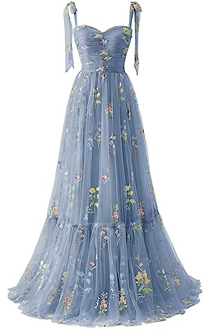 Générique Robe De Bal en Tulle BrodéE De Fleurs pour Femmes,Corset Longue,Bretelles Spaghetti,FéE FroncéE,Robe De SoiréE Formelle B-Dusty Blue 8
