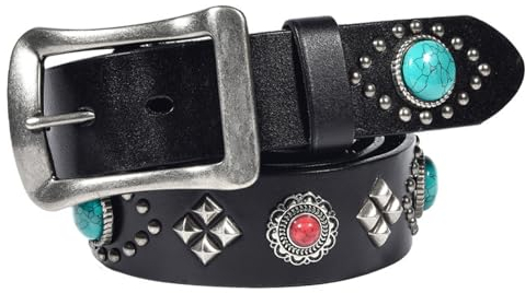 MYIESAXL Punk Rock Türkis & Rot Perlen Inlay Runder Blumen Nietengürtel, Damen Herren Western Ledergürtel Gothic Silber Nieten Kreis Gürtel Taillengurt