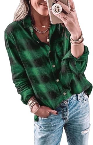 Imily Bela Blouse Chemisier à Carreaux pour Femme - Chemisier Long décontracté à Manches Longues - Chemise en Flanelle - Chemise à Carreaux - À Boutons - Manches Longues - Hauts, Vert, L