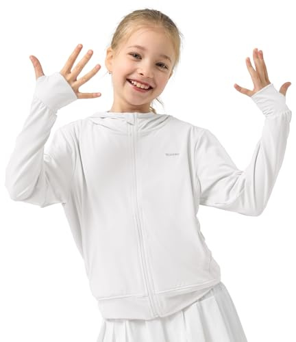 Rolanko Giacca Estiva per Ragazze con Fori per i Pollici Manica Lunga Protezione Solare Asciugatura Rapida Felpa con Cappuccio con Cerniera Top Rash Guard per Bambini, Bianco, Taglia: 140/8-9 Anni