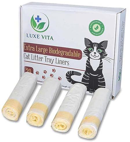 LuxeVita Biologiskt nedbrytbara kattavfallspåsar – kraftiga, läckagesäkra och enkla att rengöra, avfallspåsar för husdjur – 100 % miljövänliga kattavfallspåsar med dragsko – 20-pack (100 x 45) cm