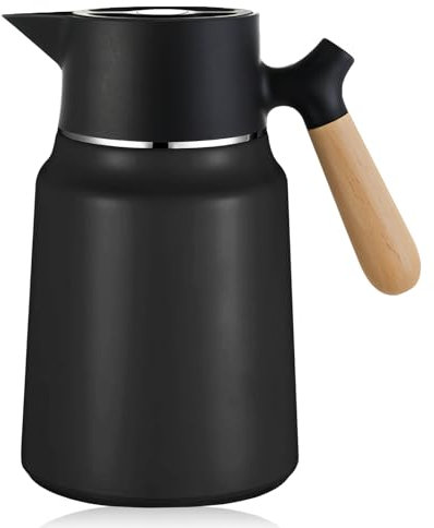 Bordeag Carafe À Café Isotherme 1.5L Carafe Thermique En Acier Inoxydable Thermos Carafe Isotherme Verseuse Isotherme À Double Paroi Bouteille Isotherme Avec Poignée En Bois Pour Café, Lait, Thé