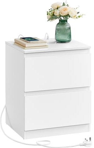 VASAGLE KAILYN Collection - Nightstand with Charging Station, Bedside Table with Drawers, Side End Table, 2 AC Outlets, 2 USB Ports, for Living Room, Bedroom, Study, Cloud White LET621W01