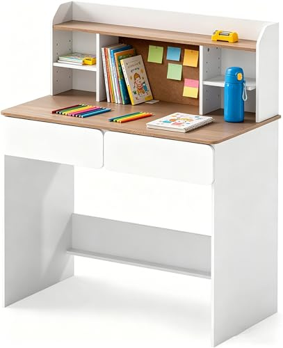 LIFEZEAL Scrivania Bambini 8-12 Anni, Bianca, 90x48cm, con 2 Cassetti, Libreria, Stazione di Ricarica, Antiribaltamento, Porta PC, Computer, Tavolino da Studio, Banco Scuola, per Cameretta, in Legno