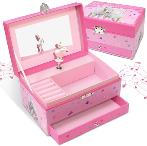 GINMLYDA Boîte à Bijoux Musicale Cheval pour Filles, Boîte à Musique pour Enfants avec Licorne Tournante Boîte de Réception de Bijoux avec Tiroir 18 x 12 x 10 cm Cadeau pour Petites Filles