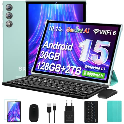 Tablet 10 Pollici Android 15 con Gemini AI, 30GB RAM 128GB+2TB Esp., Octa-Core, WiFi 6 BT 5.0, Widevine L1, Batteria 8000mAh, Fotocamera 8/5 MP, Tastiera Mouse Custodia, Corpo in Metallo - Verde Acqua