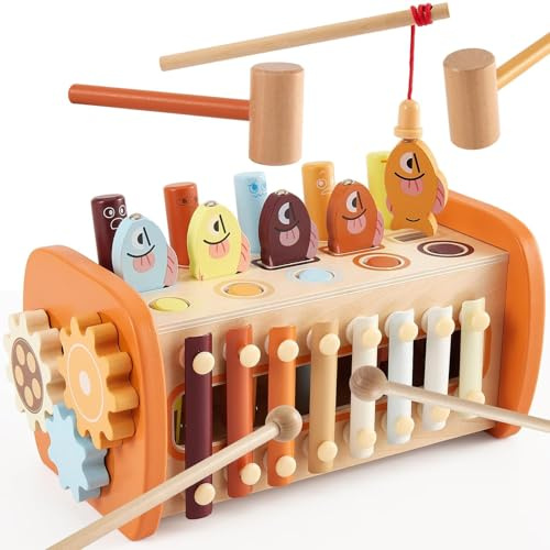 HYAKIDS Juguetes Montessori de Madera, Juguetes de Martillo, Banco Martillo con Xilofono, Juego de Pesca, Golpear Topo, Regalo para Niños Niñas 18+ Meses