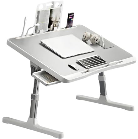 Tavolino Per Laptop, Vassoio Da Letto Regolabile In Altezza Comodino Pieghevole Con Cassetto Ripiano Lampada Da Scrivania Usb E Ventilatore Per Letto Divano Pavimento 60x40 Cm