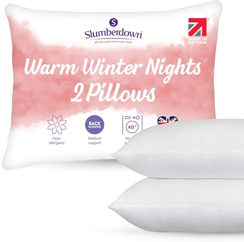 Slumberdown Warm Winter Nights Bed Pillows 2 Pack - Breathable & Non-Allergenic Medium Support Back Sleeper Pillow | UK Made, Soft Touch Cover, Washable (48 x 74cm)