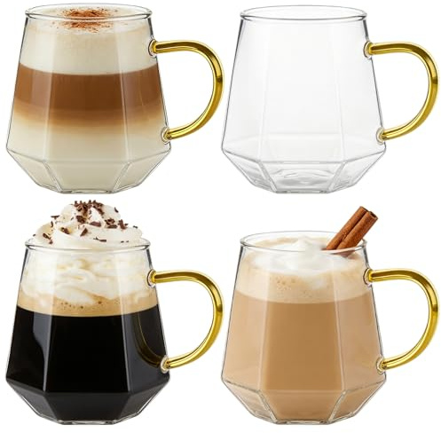 GBKDQQ Juego de 4 vasos de café de 350 ml, vasos de café de cristal transparente con asa, vidrio de borosilicato resistente al calor para latte macchiato, espresso, capuchino y zumo de leche cerveza