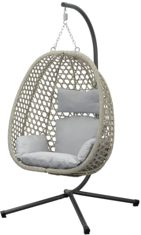 Koll Living Luna Fauteuil suspendu d'extérieur - Aspect rotin beige - Résistant aux intempéries avec cadre en acier et coussin confortable - Résistant aux UV et imperméable - 95 x 103 x 197 cm
