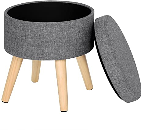 WOLTU® Sitzhocker mit Stauraum Fußhocker Aufbewahrungsbox, Deckel abnehmbar, Gepolsterte Sitzfläche aus Leinen, Massivholz, Hellgrau