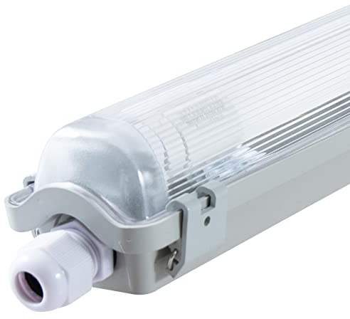proventa IP65 LED-Feuchtraumleuchte 120cm mit 18W LED-Röhre 2.160 Lumen Klappdeckel Steckklemme Kabeleinführung bis NYM-J 3x2,5mm²