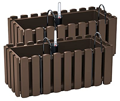 PAFEN 2 macetas con soportes – 38 x 18 x 16,2 cm – Macetero sistema de riego para balcón, jardineras, color marrón