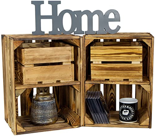 Holzkiste Bella geflammt40 x 30 x 25cm Weinregal Weinablage Weinaufbewahrung Kindeschuhregal Ablageregal Möbel-Kiste | Wein-Kiste | Obst-Kiste | Apfel-Kiste (2er Set, Bella Quer mit Schublade Lotta)
