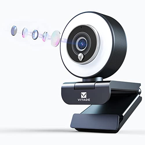 Vitade 960A Pro Webcam 1080P Full HD avec Double Microphones, 3 Niveaux de lumière annulaire réglable, Autofocus, H.264 Correction d'exposition Plug and Play, pour Gaming, Zoom, PC, Live Streaming
