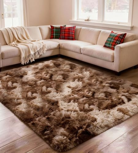 ROHATIM Tapis Salon Shaggy Descente de lit Chambre Grande Taille Tapis Moelleux Carpette pour Chambre Tapis Décoratif de Style Moderne pour Salon Chambre Canapé Natte(Marron,120 x 160 cm)
