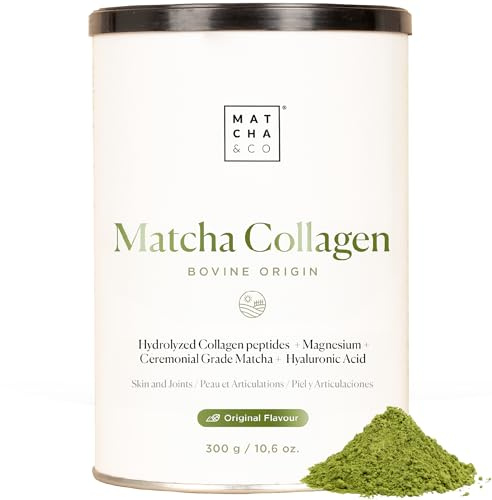Matcha Collagen. Colágeno con Magnesio, Té Matcha y Ácido Hialurónico. Articulaciones, Piel y Uñas. 300 g en Polvo.