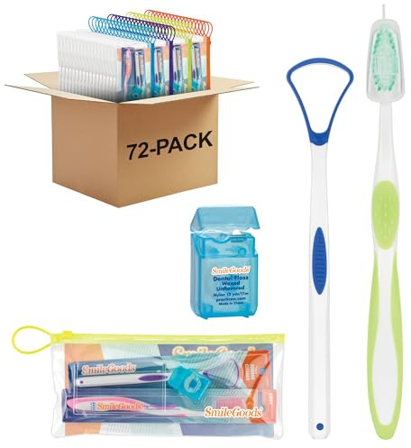 SmileGoods Adult Hygiene Dental Care Kit with Toothbrush, Tongue Cleaner & Floss, Pack of 72
