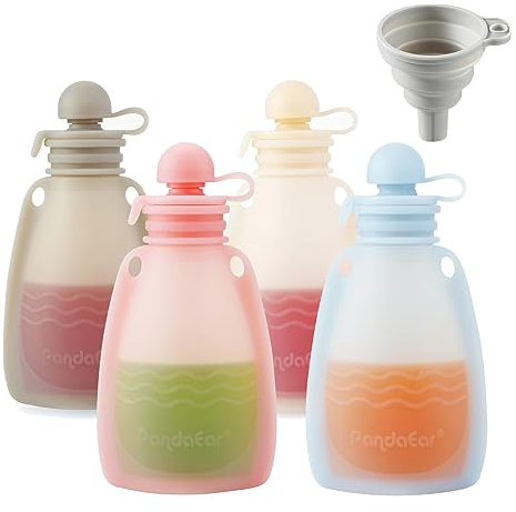 PandaEar Wiederverwendbare Silikon Babybrei Beutel, 4 Stück Quetschbeutel für Kleinkinder, BPA-freie Nachfüllbare Babybrei Aufbewahrung, 5,5 oz/156 ml Babynahrungsbeutel