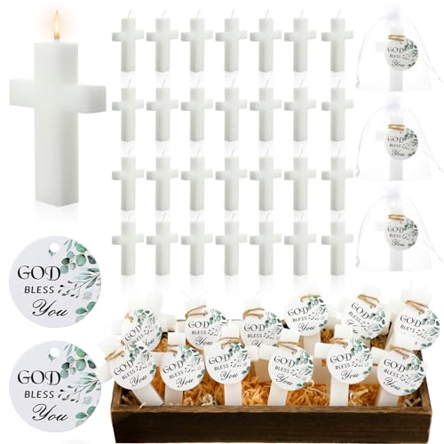 MTLEE 36 Set Baptism Favor Candles Cross Candles Baby Shower Favors Religious Holy Communion Christening Gifts for Christian Guests Party Wedding Birthday(Eucalyptus Tag)