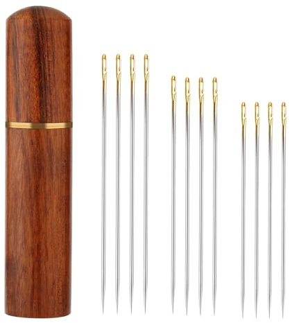 12pcs Self Threading Needles, 3 Tailles d'Aiguilles à Suspendre Latéralement Kit d'Aiguilles à Coudre avec Boîte à Aiguilles en Bois de Santal pour Projets de Couture de Broderie DIY (Or)