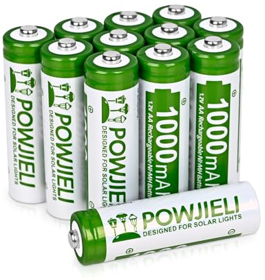 POWJIELI Ni-MH Rechargeable AA Batteries,High Capacity Pre-Charged 1.2V 1000mAh Double A Solar Batteries for Outdoor Solar Lights, String Lights，Pathway Lights(Pack of 12)