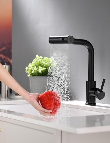 TIMACO Rubinetto Lavello Cucina Nero con Cascata Doccetta Estraibile,Miscelatore Cucina con Nero a 3 Modalità,Rubinetto Cucina Cascata Girevole a 360°,Miscelatore Lavello Cucina con monocomando,Opaco