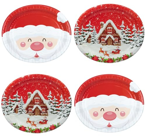 HNH Weihnachten Ovale Pappteller Set 24er-Set Weihnachtsmann und Winterhaus Große Dessertteller 32 x 27cm Buffet Papierteller Weihnachtspappteller