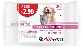 F & F Active Pet Salviette Multiuso con Clorexidina, 20 Salviette | Per la Detersione e Pulizia del Pelo di Cani e Gatti, Profumate al Muschio