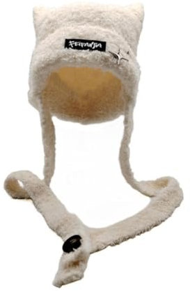 MZRAN 2-in-1 Wintermütze mit Katzenohren, gestrickt, mehrere Farben, kann in eine Tasche für die Freundin verwandelt werden, milchweiß, S/L