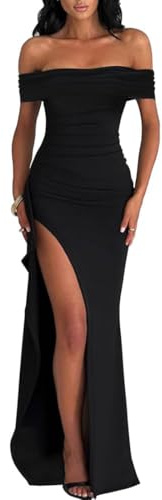 AOWVUTS Robe de Soirée Cocktail Femme Robe Longue Sexy Slim Bodycon Epaules Dénudées Fendue Maxi Robes Femme Élégant Couleur Unie Robes de Fête Longue de Gala pour Mariage Party Bal