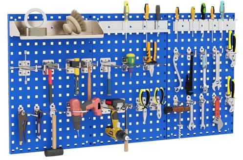 GYMAX Pared de herramientas de 120 x 60 x 2 cm, herramienta perforada de metal con 28 accesorios para colgar, estantería de pared, sistema de estantería, incluye ganchos y soportes, estantería de