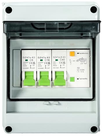 Jadeshay Garage Consumer Unit, AC400V Consumer Unit 2 way Household Small Waterproof Distribution Box with Leakage Circuit Breaker 40A+16A+6A