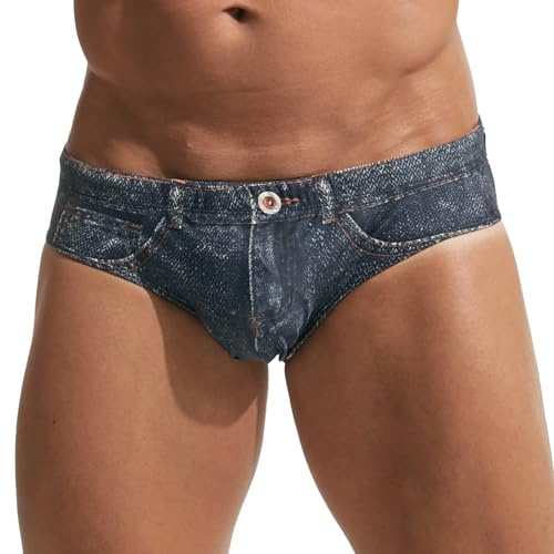 PINKY SENSON Swim Briefs Men's Faux Jeans Print Quick-Dry Beachwear Adjustable Drawstring Surf Board Shorts for Water Sports Light Black M