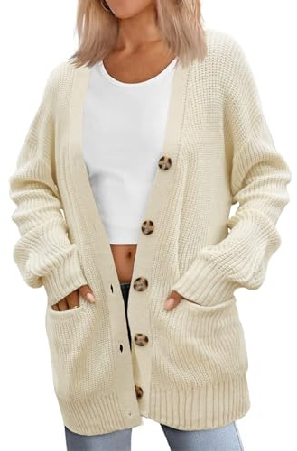 Zeagoo Cardigans for Women UK Loose V Neck Knitted Jackets Autumn Beige M