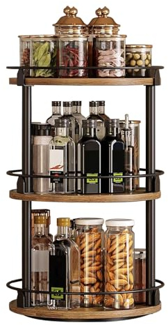 Kitchen Turntable Spice Rack, 3-Tier Wood Circle Rotating Spice Holder, Coffee Syrup Organizer Shelf, Multifunctional Home Retro Shelf Stand for Kitchen Countertop, Cabinet, Dining Table, Dresser