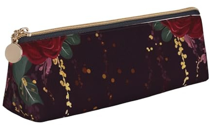 Red Rose Floral Printed Triangle Leather Pencil Case for Girls Boys, Zipper Pencil Bag Pen Pouch Bag Organizer for Student School Office College