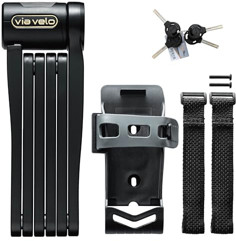 Via Velo Folding Lock with Hardened Steel and Sold Secure Gold. Extends 90cm, Includes Bracket and 4 Keys. AirTag Slot Lets You Track Your Bike. Easy to Carry and Compact for e-Bikes and Scooters.