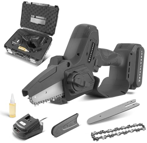 STAHLWERK Mini motosega a batteria (MAK-20 ST) – Set con batteria da 2 Ah, caricabatterie, catena di ricambio e spada di ricambio, sega a mano senza brushless, 6/15,2 cm, 4,8 m/s, per legno, rami