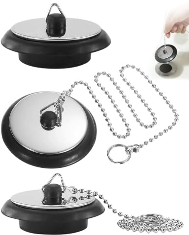LEEQ 3 Piezas Tapón de Bañera y Lavabo con Cadena de 40 cm, Diámetro 40-45 mm Universal, Tapón de Goma para Fregadero Cocina y Bidet, Tapones Desagüe Baño y Lavabo Decorativos Antideslizante