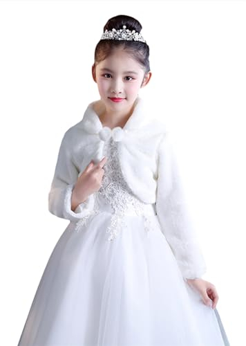 Ommda Mädchen Bolero Jacke Kunstpelz Langarm Warm Blumenmädchen Hochzeits Jäckchen für Hochzeit Party,Weiß,L (9-12Jahre)