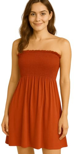 STAR FASHION Women’s Strapless Sheering Ruched Bandeau Dress Plain Boob Tube Sleeveless Midi Dress Summer Holiday Beach Flared Dress Soft Stretch Rust 20-22