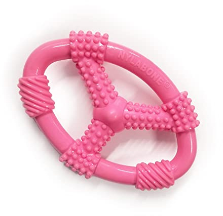 Nylabone Spin Tug & Play Puppy Chew Ring Toy, Toys for Teething Puppies, Peanut Butter Flavor, Pink, Medium - Up to 35 lbs, 1 Count