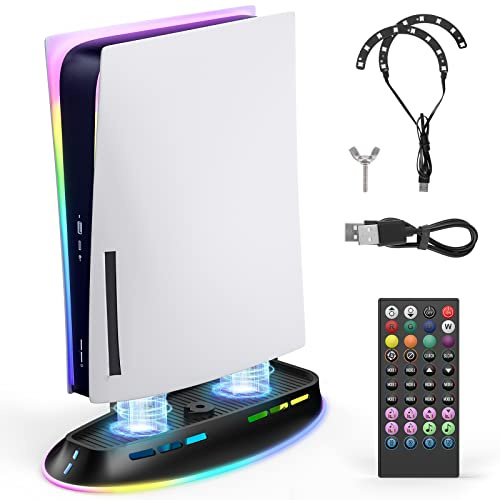 zerotop PS5-stativ med kylfläkt och RGB LED-lampa för Playstation 5-skiva/Digital Edition, PS5-kylstationsfläkt Playstation 5 vertikal bas, inbyggt LED-ljus med IR-fjärrkontroll, 2 USB-portar
