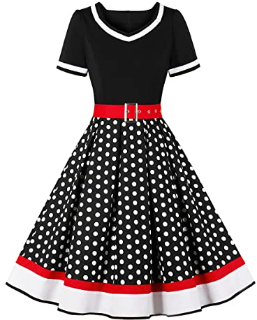 Rockabilly Kleider Damen 50er Jahre Petticoat Kleid Vintage Audrey Hepburn Kurzarm V-Ausschnitt Polka Dot Swing Coctailkleid Hochzeit Gast Festlich Knielang Sommerkleid Abendkleid Schwarz M