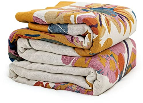 MSGKV Boho Throw Blanket 60''x80'',100% Cotton Blanket for Couch Bed, Spring Breathable Quilt Farmhouse Home Decor Soft Lightweight Picnic Blankets