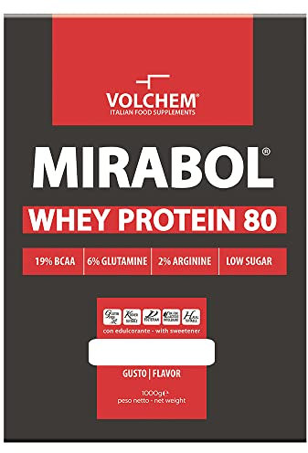 Volchem Mirabol Whey Protein 80, Integratore Alimentare con Sieroproteine del Latte, 19% Aminoacidi Ramificati, con Arginina e Glutammina, Sacchetto con Polvere Solubile, Gusto Caffè, 1000 g