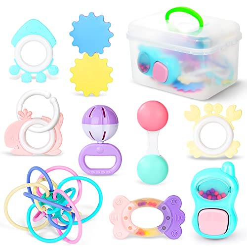 Hochet de Dentition Ensemble, Bébé Jouets Sensoriels Secouer et Attraper, Musicaux Infantile Nouveau-Né Éducatifs Précoce Animaux Clochettes Balle d'activité pour 3 6 9 12 Mois (9 Pièces)